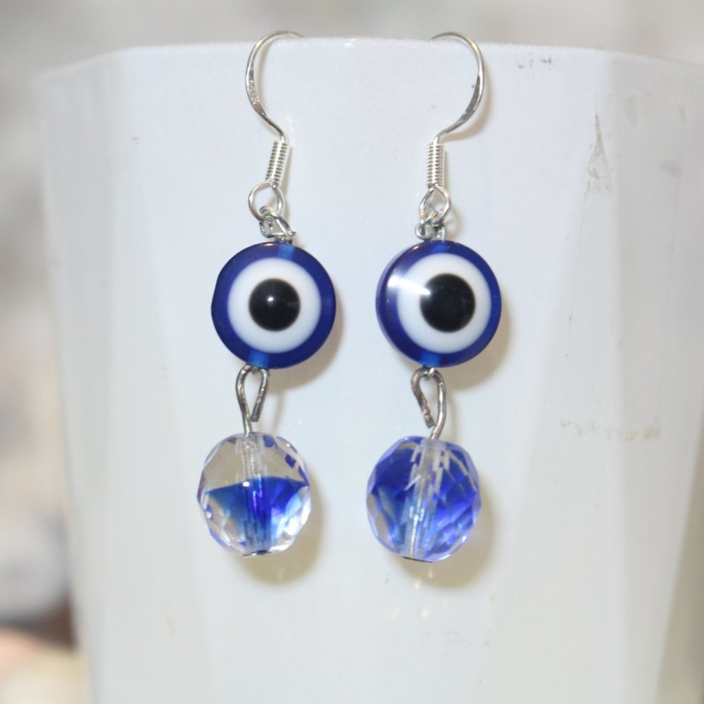 Evil Eye Glass Blue & Clear Marbleized Earrings